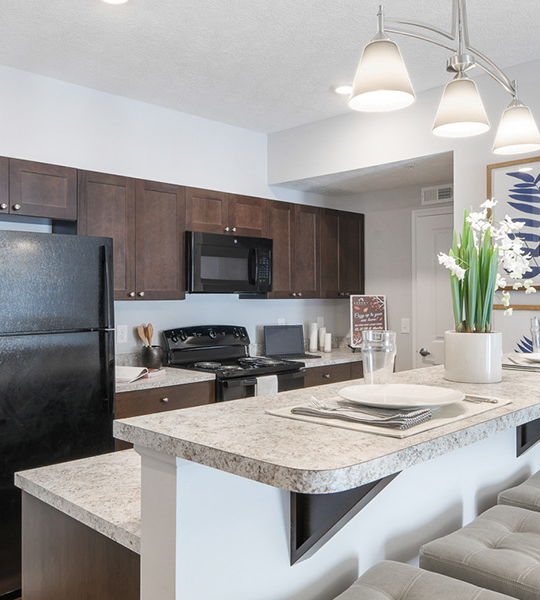 a kitchen with stainless steel appliances and a large island at The Adams Pointe