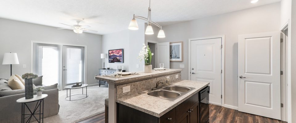 a kitchen and living room area with a sink and counter at The Adams Pointe