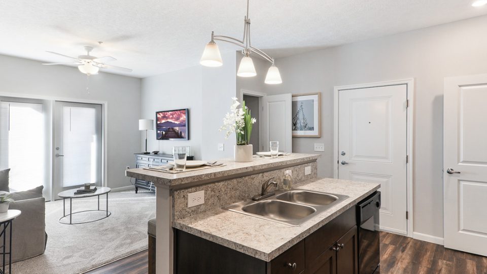 a kitchen and living room area with a sink and counter at The Adams Pointe